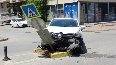 Trafik levhasına çarparak durabildi