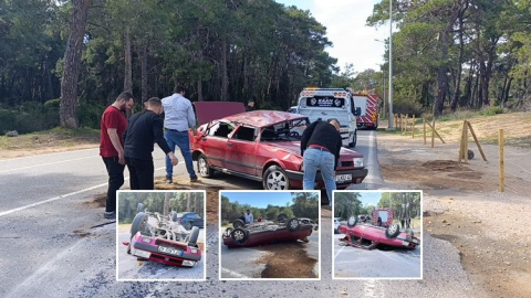 Ters dönen otomobilden burunları kanamadan çıktılar